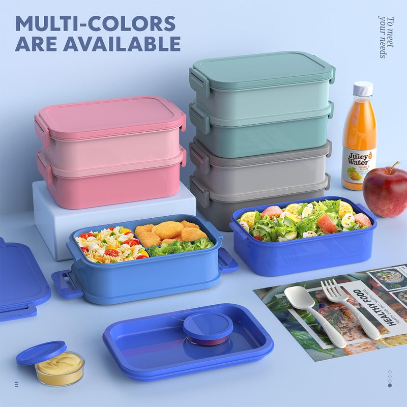 Jelife Adult Bento Lunch Box - 3 Layers Stackable Bento Lunch Box for Adults  72oz Large All-in-One Bento Box Leak-Proof Lunch boxes with Utensil Sauce Containers  Ideal for Dining Out Work  Blue - Image 2